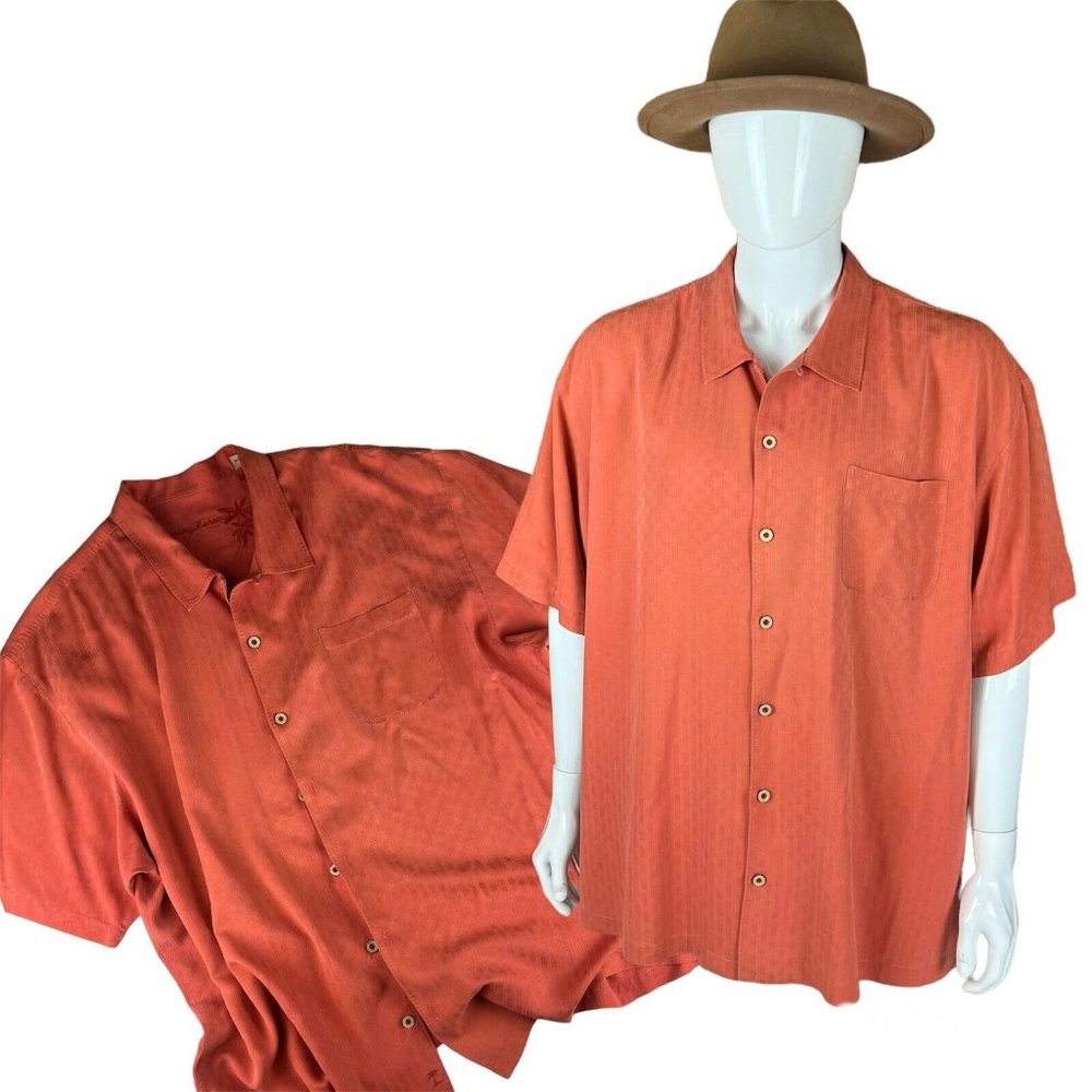 Tommy Bahama Orange Peach Button Up Shirt Hawaiian Short Sleeve Mens XXL